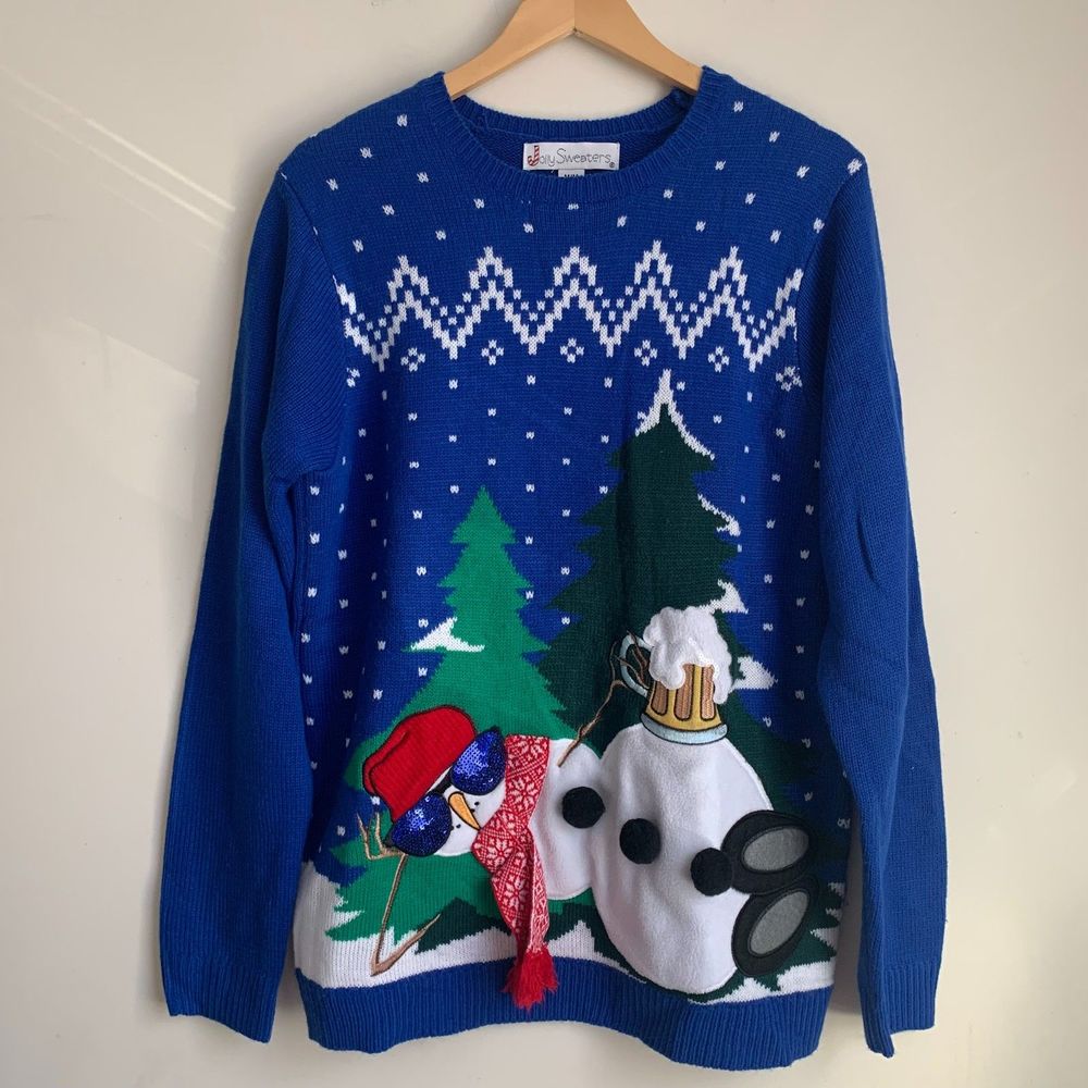 Jolly Sweater Men’s Drunk Snowman ugly Christmas sweater Blue M